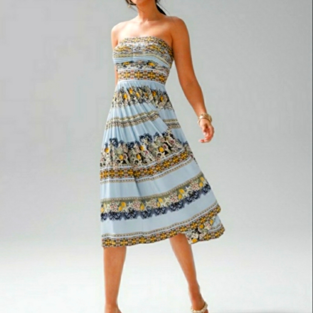 White House Black Market Blue and Yellow Strapless Dress NWT